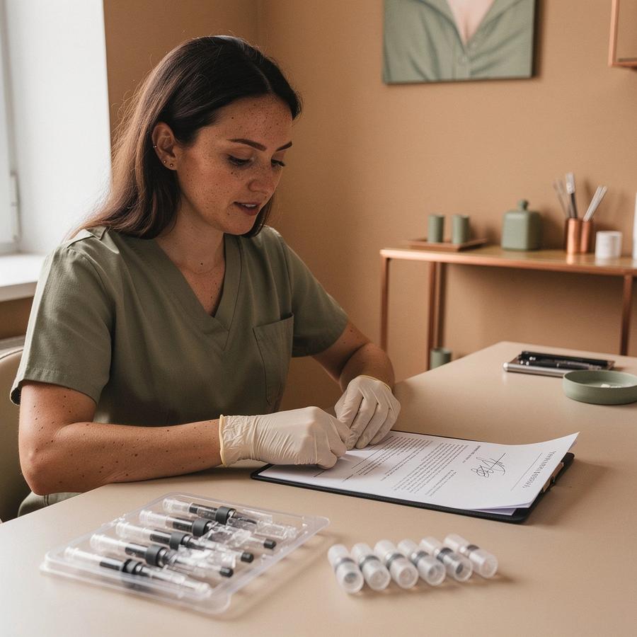 Cosmetic tattoo artist in gloves reviewing a signed consent form beside a single-use cartridge tray