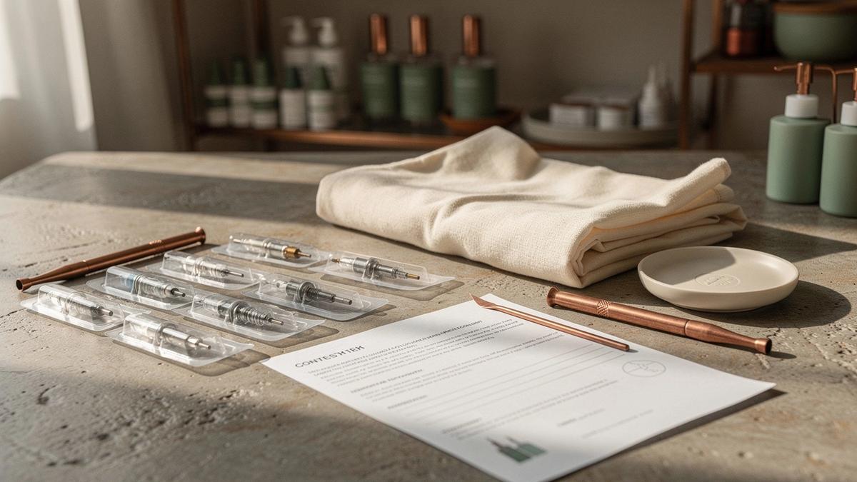 Work table prepared for a cosmetic tattoo appointment with sealed single-use cartridges and a printed consent form